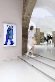 Visitor walking in front of Opie's artwork at Moco Museum Barcelona. Visitor walking in front of Opie's artwork at Moco Museum Barcelona.