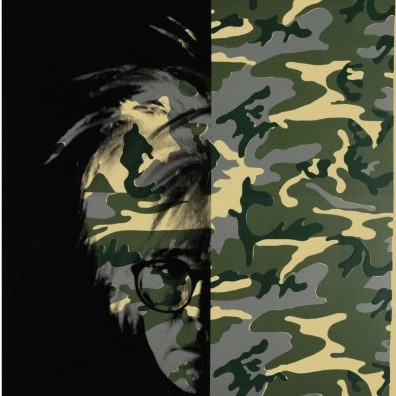 Camouflage-themed Warhol portrait featuring overlapping face patterns at Moco Museum London