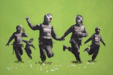 Banksy's Beanfield artwork with soldiers holding flowers on a green background at Moco Museum London