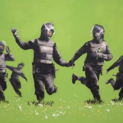 Banksy's Beanfield artwork with soldiers holding flowers on a green background at Moco Museum London