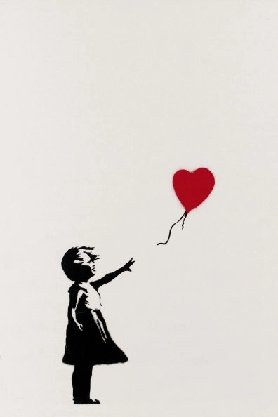 Banksy’s Girl With Balloon/Morons, stencil of child reaching for red heart balloon – Banksy in Amsterdam.