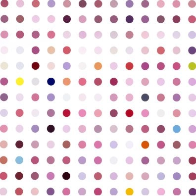 Kunstwerk met polkadotpatroon dat doet denken aan Damien Hirst in Moco Museum Amsterdam.