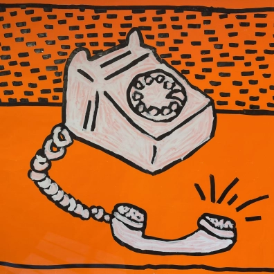 Keith Harings popart-schilderij van een telefoon op een feloranje achtergrond in Moco Museum Amsterdam.