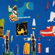 Jean-Michel Basquiat’s colorful artwork “Antar” with symbolic and cultural elements on blue background at Moco Museum Barcelona