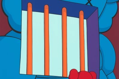 Colorful artwork by KAWS showing a red Companion figure before a barred window on a blue body, from Contemporary Masters Amsterdam, Moco Museum Amsterdam.