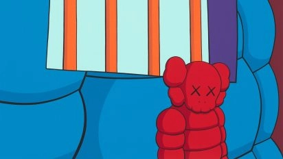 Kleurrijk kunstwerk van KAWS met een rood Companion-figuur voor een tralieraam op een blauw lichaam, uit Hedendaagse Meesters Amsterdam, Moco Museum Amsterdam.