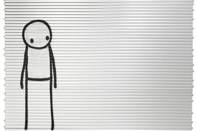 Little Friend by STIK, a minimalist stick figure drawing on corrugated metal, exhibited in Contemporary Masters Amsterdam, Moco Museum Amsterdam.