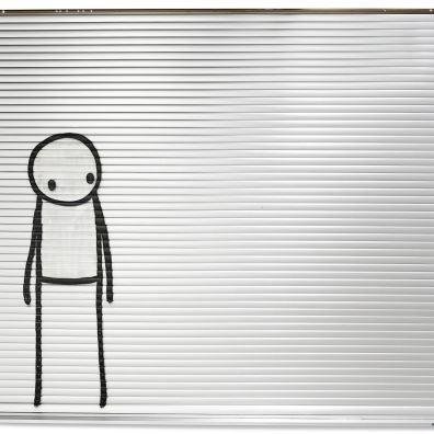 Little Friend by STIK, a minimalist stick figure drawing on corrugated metal, exhibited in Contemporary Masters Amsterdam, Moco Museum Amsterdam.