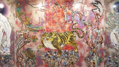 Vibrant artwork by Takashi Murakami featuring a tiger, birds, and abstract floral elements on a textured background part of the Contemporary Masters at Moco Museum Barcelona.