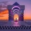 Surreal architectural portal by Pilar Zeta at sunrise, blending neon light and geometric design.