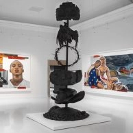 Contemporary black sculpture by Robin Kid a.k.a THE KID at Moco Museum Barcelona. Contemporary black sculpture by Robin Kid a.k.a THE KID at Moco Museum Barcelona.