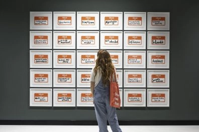 Visitor viewing âHELLO I am Robbie Williamsâ artwork installation at Moco Museum Barcelona Visitor viewing âHELLO I am Robbie Williamsâ artwork installation at Moco Museum Barcelona