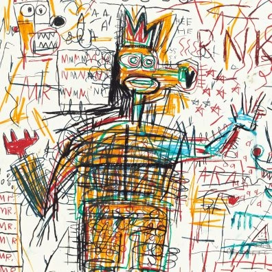 Basquiat’s Figure Portfolio, expressieve figuur met kroon in felle kleuren, te zien in Amsterdam.