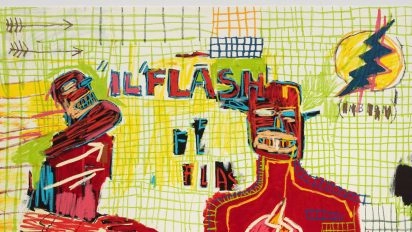 Gros plan d’une peinture colorée de Basquiat avec “Il Flash” au Moco Museum Barcelona