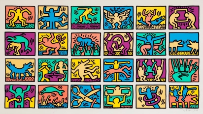 Retrospect de Keith Haring, cuadrícula de figuras danzantes coloridas y símbolos, visible en Ámsterdam.