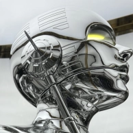 Untitled (Sexy Robot) by Sorayama, a futuristic silver android head sculpture, from Contemporary Masters Amsterdam, Moco Museum Amsterdam. Untitled (Sexy Robot) by Sorayama, a futuristic silver android head sculpture, from Contemporary Masters Amsterdam, Moco Museum Amsterdam.