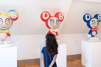 Colorful Takashi Murakami sculptures displayed at Moco Museum Amsterdam.