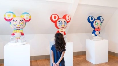 Colorful Takashi Murakami sculptures displayed at Moco Museum Amsterdam.