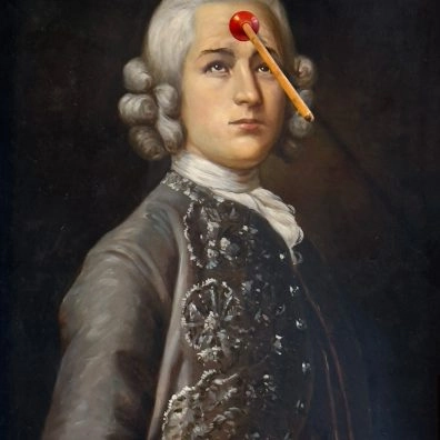 Classic portrait altered with surreal element by Banksy on display at Moco Museum Amsterdam.