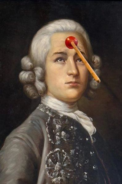 Classic portrait altered with surreal element by Banksy on display at Moco Museum Amsterdam.